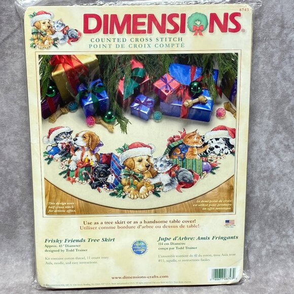 NIP Dimensions Frisky Friends Tree Skirt Cross Stitch Kit Christmas Dogs Cats - Picture 2 of 7